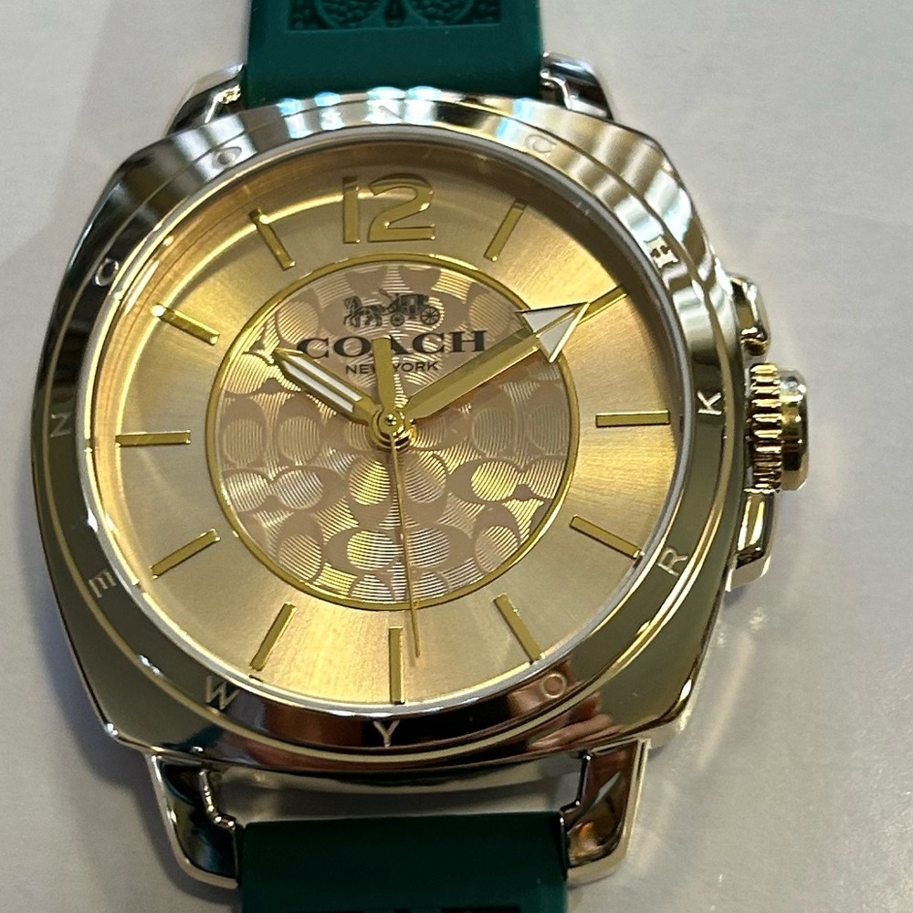 Coach Boyfriend Watch With 34mm Golden Face & Green Rubber Strap - Picture 3 of 12